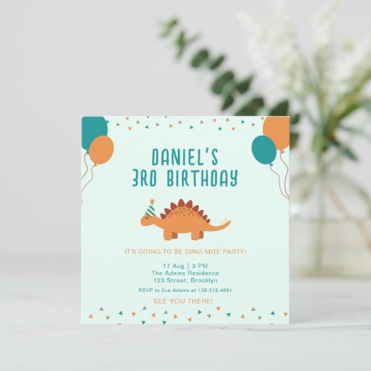 Blauw Sinaasappel Schattige Dinosaurus Verjaardags Kaart (Staand voorkant)