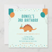 Blauw Sinaasappel Schattige Dinosaurus Verjaardags Kaart (Voorkant)