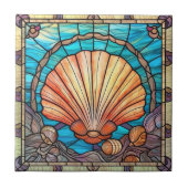 Blauw Sinaasappel Seashell Glas in lood Tegeltje (Voorkant)