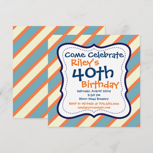 Blauw Sinaasappel Striped 40th Birthday Party Invi Kaart (Voorkant / Achterkant)