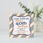 Blauw Sinaasappel Striped 40th Birthday Party Invi Kaart (Staand voorkant)