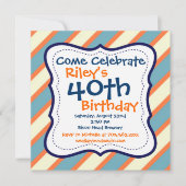 Blauw Sinaasappel Striped 40th Birthday Party Invi Kaart (Voorkant)