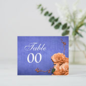 Blauw sinaasappel tafel nummer bruiloft briefkaart (Staand voorkant)