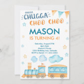 Blauw Sinaasappel Trein Verjaardagsfeestuitnodigin Kaart (Voorkant)