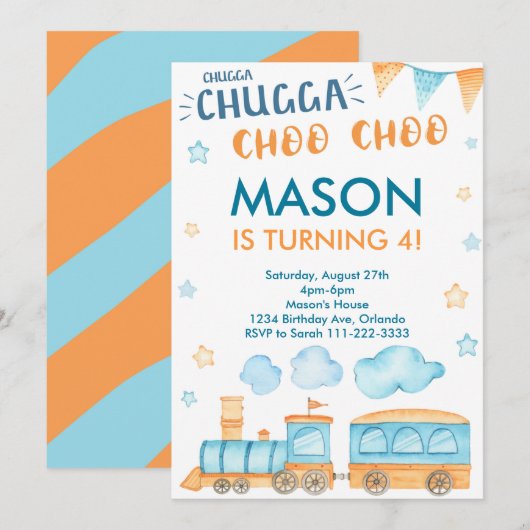 Blauw Sinaasappel Trein Verjaardagsfeestuitnodigin Kaart (Voorkant / Achterkant)