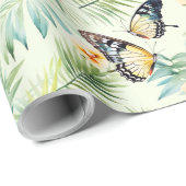 Blauw Sinaasappel Vlinder Geel Groen Bloemen Cadeaupapier (Rol Hoek)