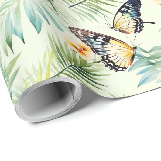 Blauw Sinaasappel Vlinder Geel Groen Bloemen Cadeaupapier (Rol Hoek)