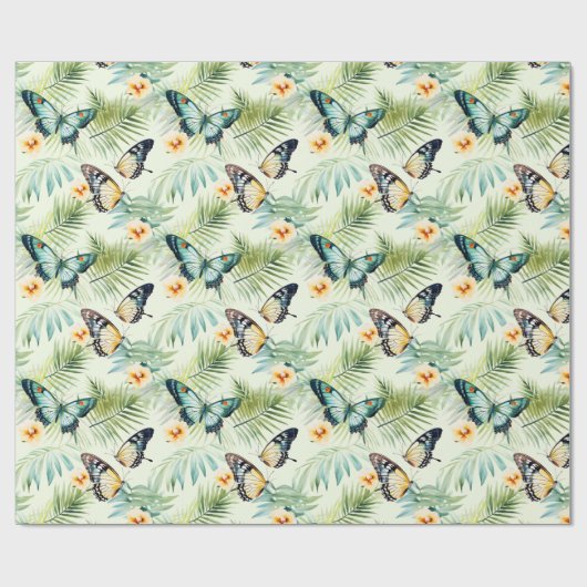 Blauw Sinaasappel Vlinder Geel Groen Bloemen Cadeaupapier (Vlak)