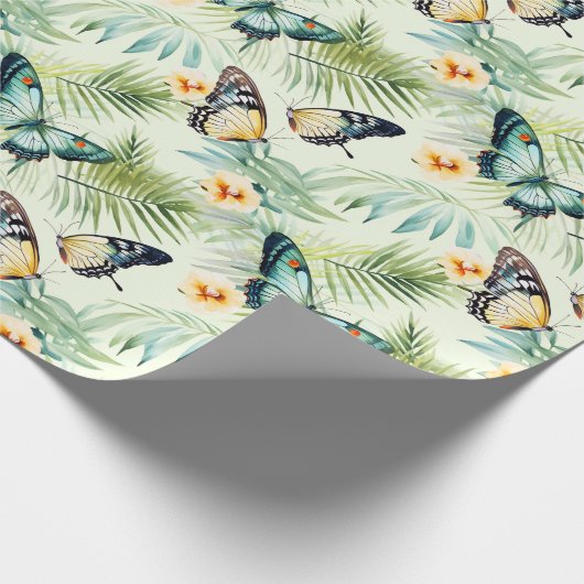 Blauw Sinaasappel Vlinder Geel Groen Bloemen Cadeaupapier (Hoek)