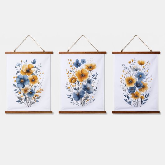 Blauw Sinaasappel Waterverf Bloemen Boho Hangend Wandkleed (Driedubbel)