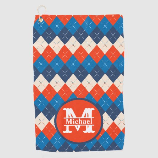 Blauw Sinaasappel Wit Preppy Sportief Argyle Perso Golfhanddoek (Voorkant)