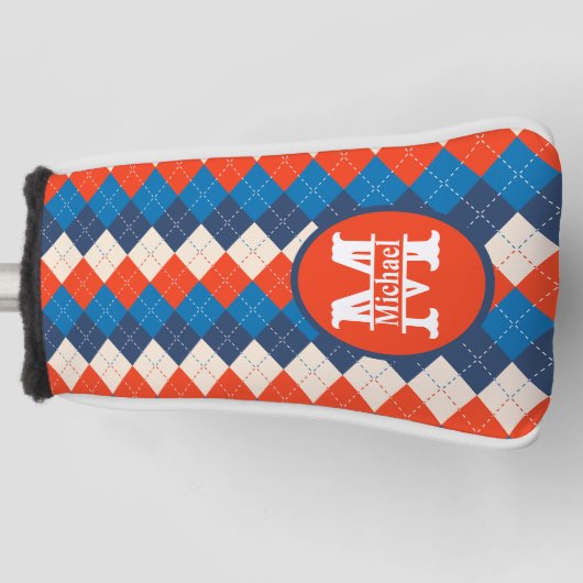 Blauw Sinaasappel Wit Preppy Sportief Argyle Perso Golfheadcover (Voorkant)