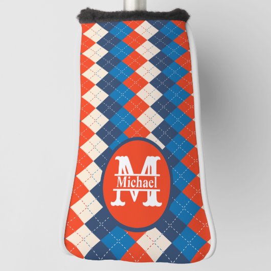 Blauw Sinaasappel Wit Preppy Sportief Argyle Perso Golfheadcover (Draai 90)