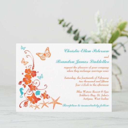 Blauw, Sinaasappel, Wit Tropisch Strand Bruiloft U Kaart (Staand voorkant)