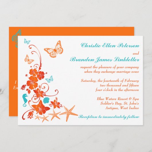 Blauw, Sinaasappel, Wit Tropisch Strand Bruiloft U Kaart (Voorkant / Achterkant)