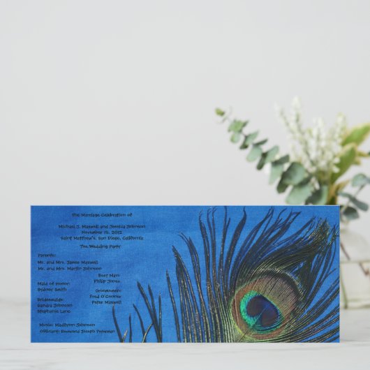 Blauw Single Peacock Wedding Programma Programmakaart (Staand voorkant)