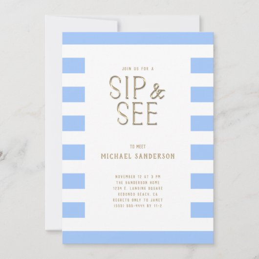 Blauw Sip en Zie Gestreepte Baby Boy Party Kaart (Voorkant)