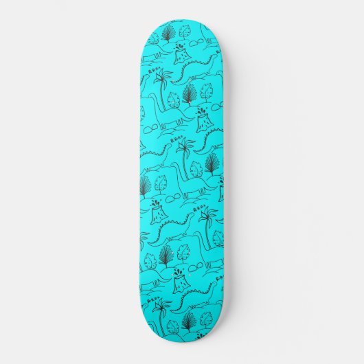 Blauw skateboard met dinosaurussen. (Voorkant)