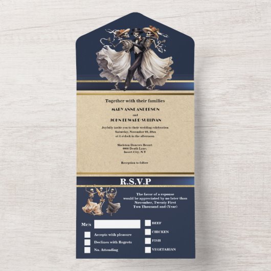Blauw skelet bruid bruidegom gotische bruiloft all in one uitnodiging (Binnen)