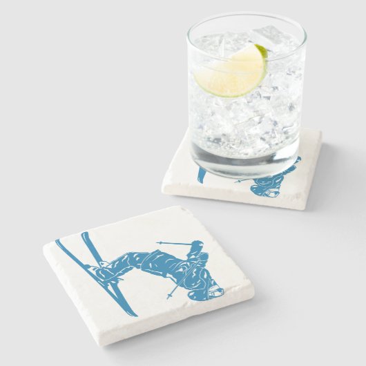 Blauw-skier Stenen Onderzetter (Zijkant)