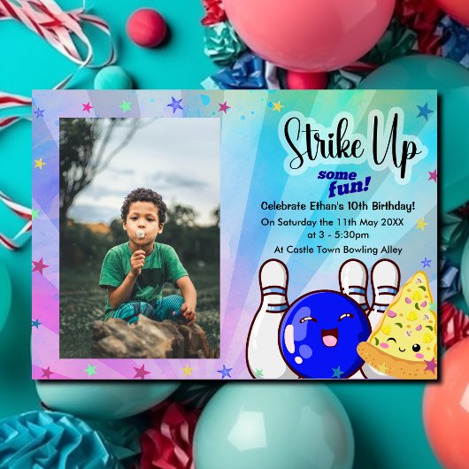 Blauw Sla een leuk ritme aan, Bowling met foto  Kaart