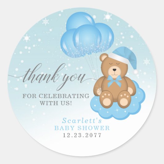 Blauw slaperig Beer ballon Dank u Baby shower Ronde Sticker (Voorkant)
