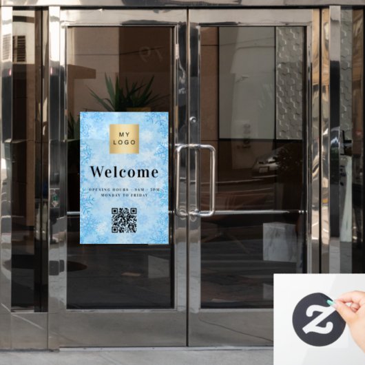 Blauw sneeuw bedrijf logo welkomst open QR-code Raamsticker (Kantoordeur)