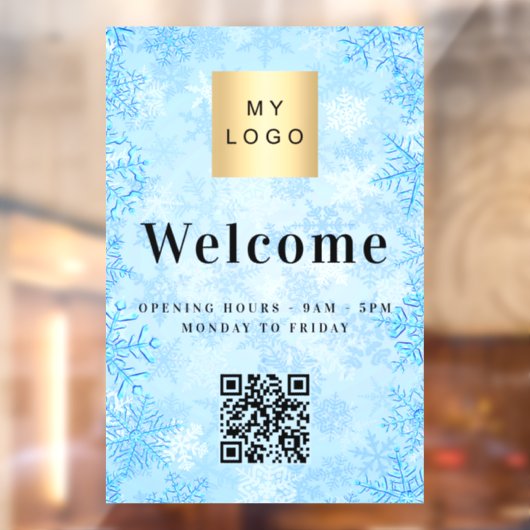 Blauw sneeuw bedrijf logo welkomst open QR-code Raamsticker (Vel 2)