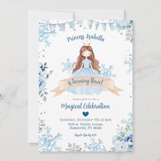 Blauw Sneeuw Winter Prinses Verjaardag Kaart (Voorkant)