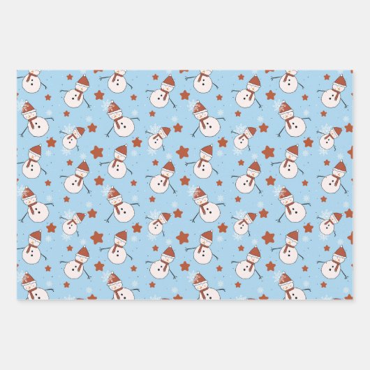 Blauw Sneeuwmannen Kerst Inpakpapier Vel (Voorkant)