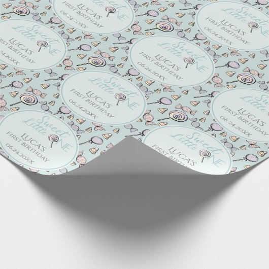 Blauw Snoep thema eerste 1e verjaardag Cadeaupapier (Hoek)