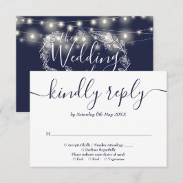 Blauw Snoer Lichtjes Bloemige Bruiloft RSVP Kaartje