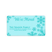 blauw Snowflake "we hebben ons verplaatst" kerstla Etiket (Voorkant)