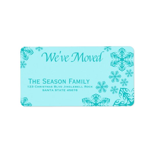 blauw Snowflake "we hebben ons verplaatst" kerstla Etiket (Voorkant)