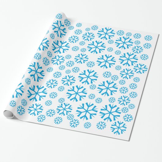 Blauw Snowflakes Winter Holiday Pattern on White Cadeaupapier (Uitgerold)