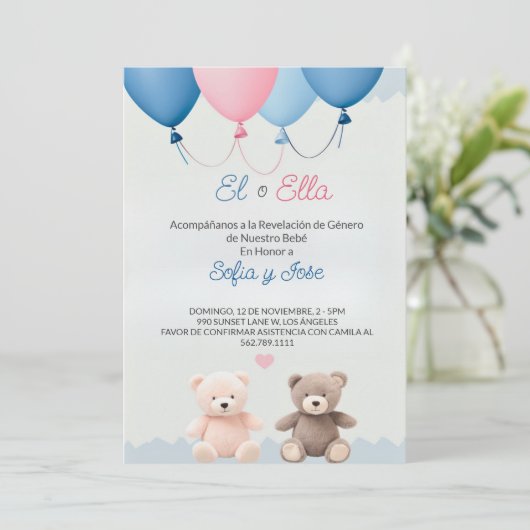 Blauw Spaans Teddy Bear Geslacht Onthulling Uitnod Kaart (Staand voorkant)