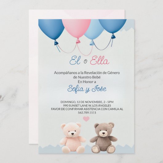 Blauw Spaans Teddy Bear Geslacht Onthulling Uitnod Kaart (Voorkant / Achterkant)