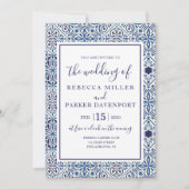 Blauw Spaans Tegels Bruiloft uitnodiging (Voorkant)