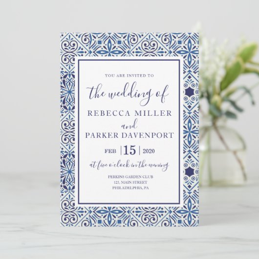 Blauw Spaans Tegels Bruiloft uitnodiging (Staand voorkant)