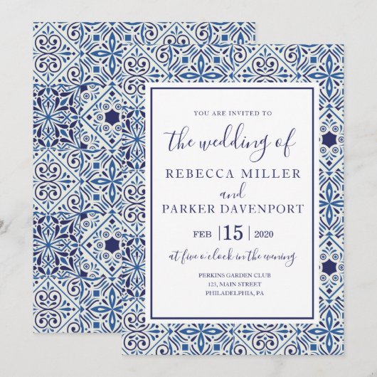 Blauw Spaans Tegels Bruiloft uitnodiging (Voorkant / Achterkant)