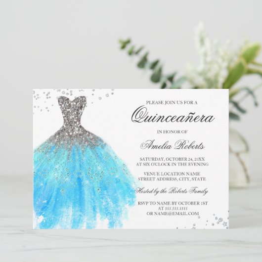 Blauw Sparkle Jurk Quinceanera Uitnodiging (Staand voorkant)