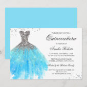 Blauw Sparkle Jurk Quinceanera Uitnodiging (Voorkant / Achterkant)