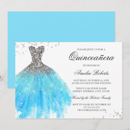 Blauw Sparkle Jurk Quinceanera Uitnodiging (Voorkant / Achterkant)