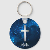 Blauw Sparkle Licht Silver Cross Monogram Sleutelhanger (Voorkant)
