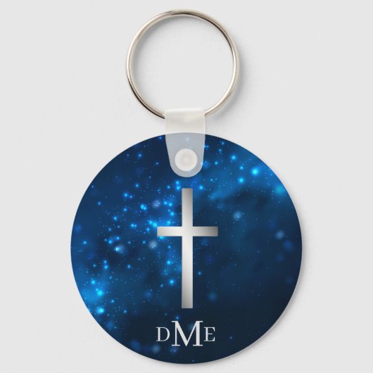 Blauw Sparkle Licht Silver Cross Monogram Sleutelhanger (Voorkant)