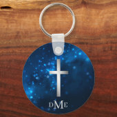 Blauw Sparkle Licht Silver Cross Monogram Sleutelhanger (Voorkant)