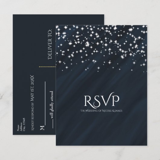 Blauw & Sparkle Stars Elegante Trouw-RSVP-Kaart Uitnodiging Briefkaart (Voorkant / Achterkant)