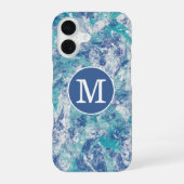 Blauw spatsers aangepast monogram  iPhone 16 hoesje (Achterkant)