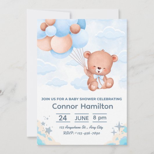 Blauw speelse teddybeer babyshower uitnodiging (Voorkant)