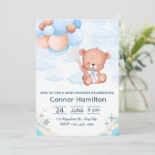 Blauw speelse teddybeer babyshower uitnodiging (Staand voorkant)